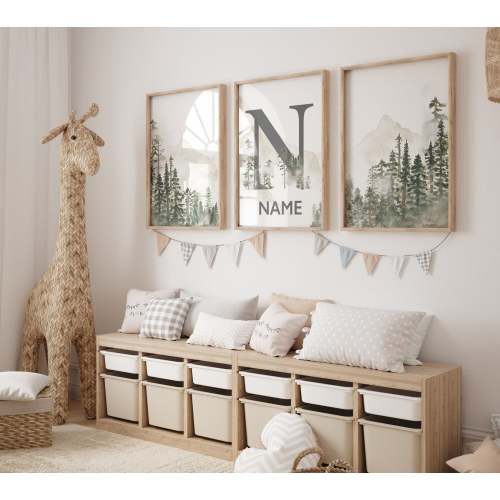 Nursery decor mountain, nursery wall art, tree nursery decor, adventure theme nursery, forest, sage green, beige, woodland animals
