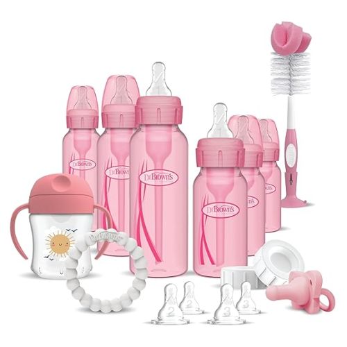 Dr. Brown's Anti-Colic Options+ Special Edition Pink Baby Bottle Gift Set with Sippy Spout Cup, Happy Paci Pacifier, Teether, Bottle Brush and Travel Caps (Pacifier/Teether Style May Vary)