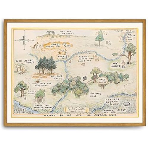 Iknostine Framed Wall Art Decor Canvas Vintage Prints Painting 100 Acre Wood Map Nursery Baby Children Gift Antique Aesthetic Artwork for Bedroom Bathroom Home Living Room (12"x16")