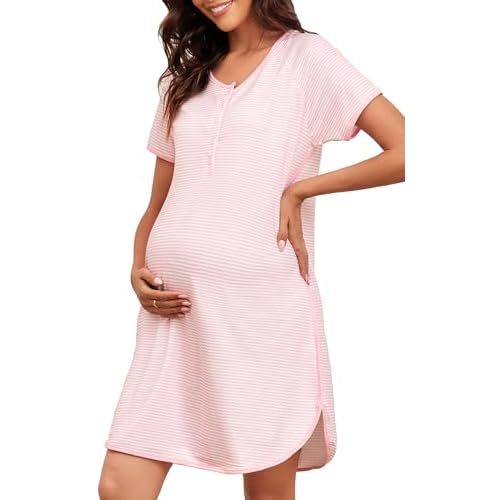 Stripe Maternity Nursing Nightgowns Women Buttons Pregnancy Short Sleeve Nightdress Soft Side Split Loungewear Pjs