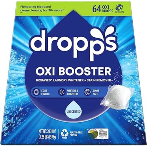 Dropps Oxi Booster Pods, Unscented (64 Count) - Laundry Whitener & Stain Remover | Free & Clear | Laundry Booster | Chlorine-Free Bleach Alternative | Clean Ingredients | Plastic-Free Packaging