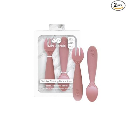 ezpz Mini Utensils - 12 Months+ (Fork & Spoon in Blush) - 100% BPA Free Fork and Spoon - Toddler Utensils - Designed by a Pediatric Feeding Specialist