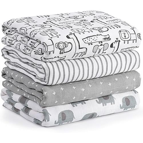 Muslin Swaddle Blankets for Newborn, 4 Pack Cotton Baby Blankets, Large 31.5 x 43.3 inch Breathable Soft Receiving Blanket, Essentials Swaddle Wrap Burping Clothes, Grey Animals