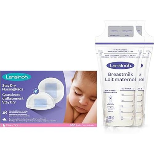 Lansinoh Pump & Protect Breastfeeding Essentials Bundle – 100 Leak-Proof Breastmilk Storage Bags (6 oz, Freezer Safe) + 100 Disposable Nursing Pads for Breastfeeding Moms
