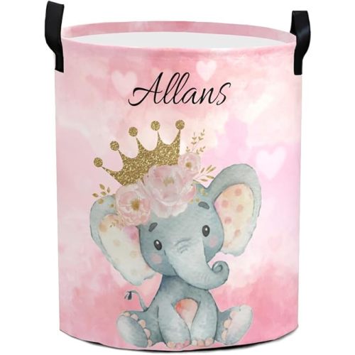 Personalized Round Folding Laundry Hamper,Customized Canvas Basket,Convenient Home Organizer Containers for Kids, Boys Girls, Nursery Hamper(Pink Love Elephant)