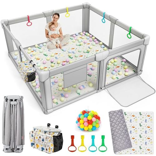 Foldable Baby Playpen with Mat, 71"x59" Playpen for Babies and Toddlers, Large Collapsible Play Pen, Portable Safe Play Yard with Gate, Breathable Mesh, Anti-Fall