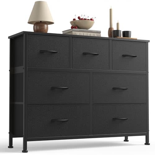 Sweetcrispy 7 Drawer Fabric Dresser for Bedroom Storage with Bins, Black | Anti-Tip Closet Organizer with Wooden Top and Sturdy Steel Frame, Spacious Drawers for Clothes Storage, Hallway Entryway