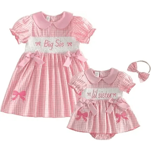 Big Little Sister Matching Outfits Summer Short Puff Sleeve Peter Pan Collar Bow Embroidery Plaid Romper/Dress