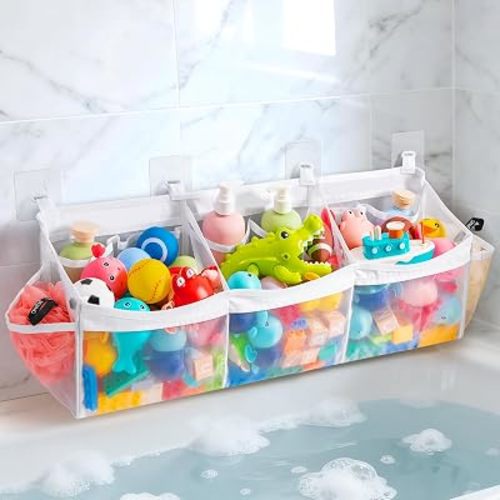 Extra Large Bath Toy Organizer with 3 Compartments and Multiple Pockets, Quick-Dry Mesh Bathtub Storage for Kids' Toys (White)