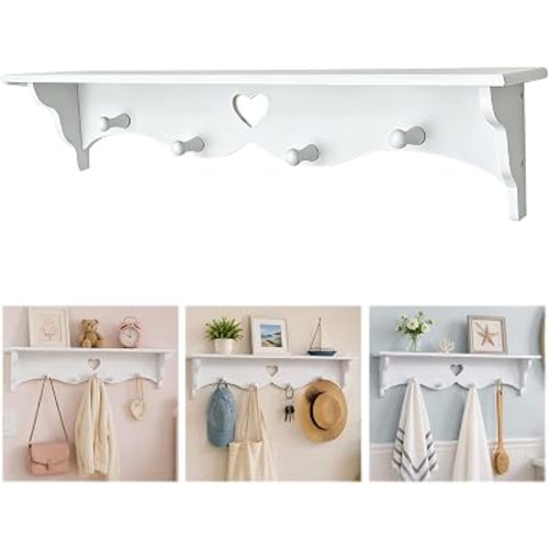 Wood Heart Shaped Wall Mounted Hanging Shelf Floating Shelf with 4 Hooks