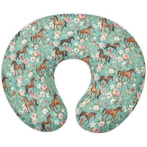 Flower Horse Nursing Pillow Cover for Girl Boy Breastfeeding Pillow Slipcovers Stretchable Newborn U-Shaped Breastfeeding Pillowcase Cushion Covers Vintage Green