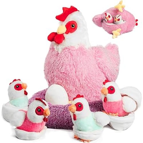 9 in 1 Chicken Stuffed Animal Set, Stuffed Chicken Toys for Kids Egg Laying Hen with Coop, Baby Chicks Plush Chickens and Eggs for Kids Valentines Christmas Birthday Easter Gifts Party Decor (Pink)