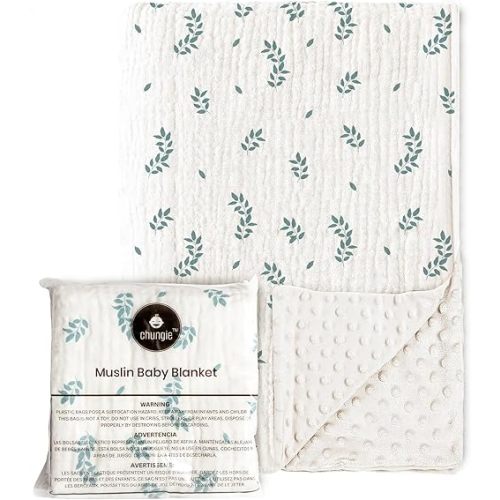 Chungie Soft Baby Blanket – 100% Cotton Muslin Front & Plush Minky Fleece Back, Multi-Layer Blanket for Baby Boys & Girls, 40x30 in Nursery Bed Blanket, Newborn & Toddler Use