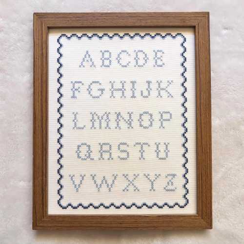 Vintage Cross Stitch Alphabet Nursery Sign | Heirloom ABC Wall Art, Blue or Pink