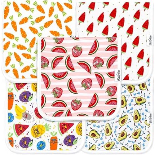 KiddyStar 5 Pack Organic Cotton Burp Cloths, Soft 3 Layer Absorbent Towels for Newborn Feeding & Spit Up