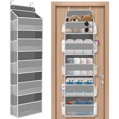 1 Pack Over The Door Organizer, Hanging Storage Organizer with Clear Window, 40lb Ultra Sturdy Large Capacity Room Organizer for Pantry Laundry Bathroom Nursery Closet Baby Essential (Grey)