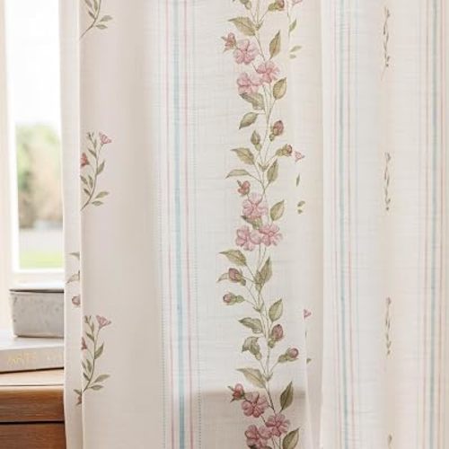 DrapePalette - Linen Blend Pinch Pleated Curtains 84 Inches Long for Living Room, Bedroom, Dining Room, Light Filtering Curtains 2 Panels Set, Modern Floral Printed Design, Pink Pearl, 30" W x 84" L