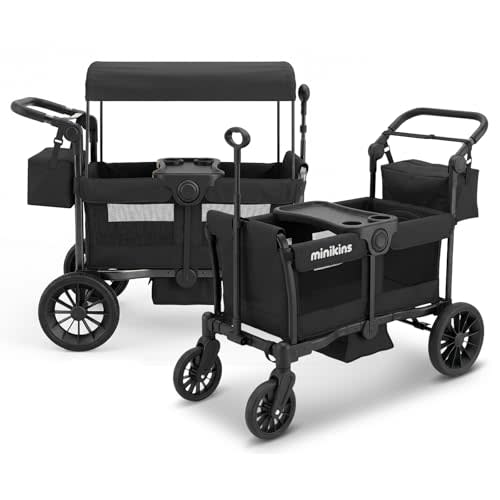 MiniKins Wagon for Kids, 2-Seater Stroller Wagon with Removable Canopy, All Terrain Tires, Foldable, Adjustable Push & Pull Handle, Storage Bag, Black