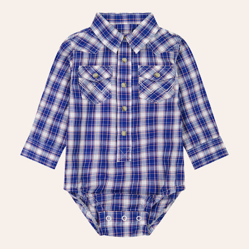 Wrangler Infant Boys' Blue Plaid Print Long Sleeve Pearl Snap Western Onesie | Cavender's