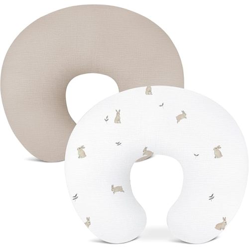 Nursing Pillow Covers 2 Pack, Muslin Nursing Cover for Breastfeeding Pillows, Comfortable for Baby Girls and Boys (Rabbit-A & Beige)