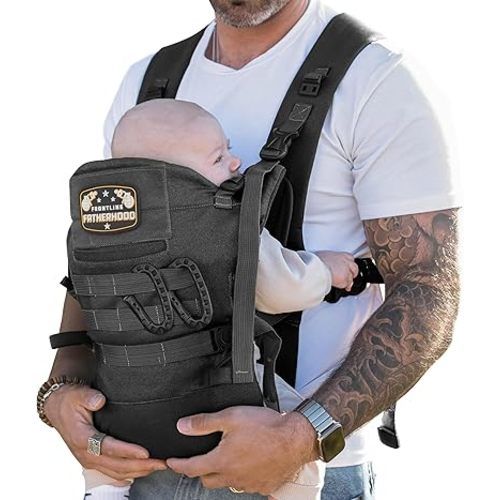 Dad Baby Carrier for Men with Adjustable Hip Snaps - Soft Infant Carrier with Magnetic Sunshade Protector, Newborn Bibs, 2 Carabiners, Removable Waist Strap Holds Babies and Infants Up to 44 Lbs Black