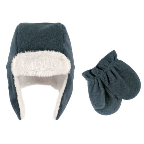 Hudson Baby Infant Boys Fleece Trapper Hat and Mitten 2pc Set, Coronet Blue, 0-6 Months