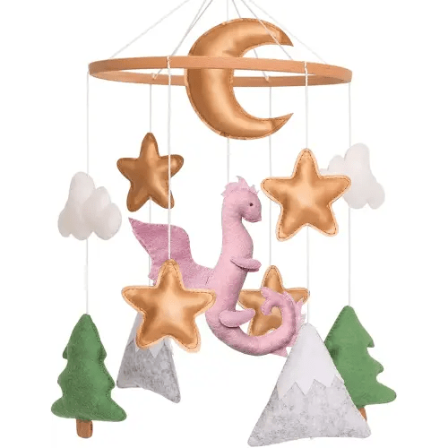 Dragon Baby Mobile, Forest Mobile for Crib, Pink Crib Mobile Girls, Nursery Mobile for Bassinet, Pack and Play, Moon, Pink Dragon, Cloud, Star, Mountain, Tree