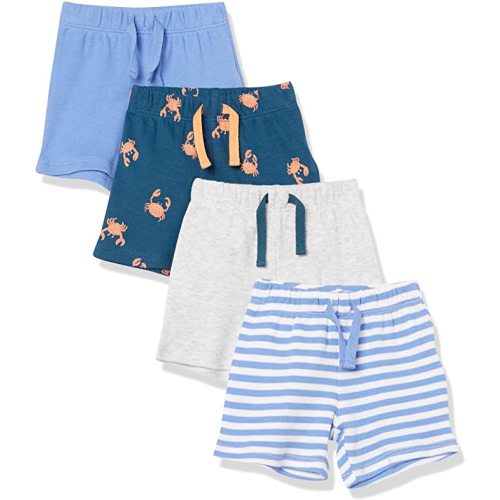 Amazon Essentials Unisex Babies' Cotton Pull-On Shorts, Multipacks - 4 - Blue/Light Grey/Crab/Stripe - 3-6 Months