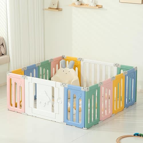 14-Panel Baby Playpen, Foldable Extra Large Play Yard for Babies and Toddlers, Portable Baby Fence with UFO Design, Kids Activity Gate Playpen – Colourful