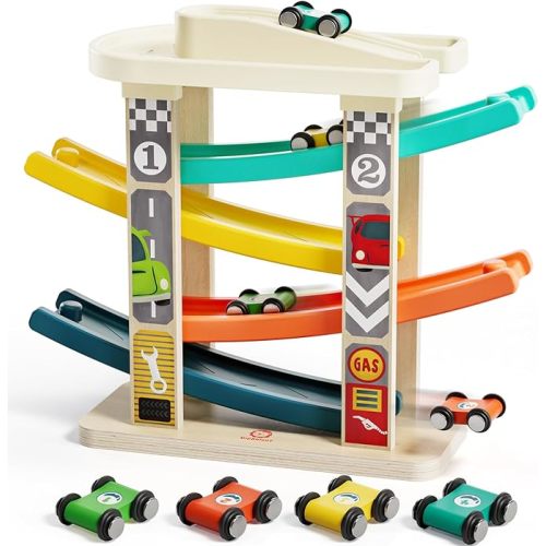 TOP Bright Toddler Wooden Race Track Car Ramp Toys for 1 2 Year Old Baby Motor Skills Race Tracks Car Ramp Vehicle Playsets with 4 Mini Cars and 1 Car Garage