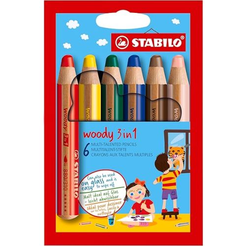 STABILO WOODY 3 in 1 MULTI TALENTED SUPER JUMBO PENCILS WALLET OF 6 ASSORTED COLOURS