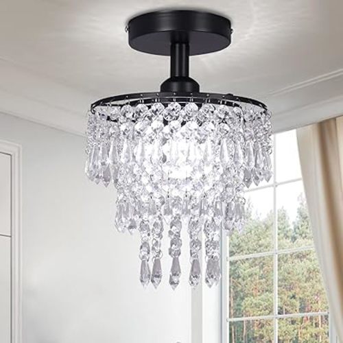 FRIXCHUR Small Crystal Chandelier Flush Mount Ceiling Light 3 Tiers Raindrops Crystal Chandeliers for Bedroom Hallway Foyer Living Room Entryway Closet,Black