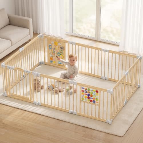 BIERUM Wooden Baby Playpen 84x56x24, 10 Panel Foldable Play Yard for Baby | Easy Assembly, Natural Pine Wood, Montessori Toys, Safety Gate & Locking Door, Adjustable Baby Fence Play Pen for Toddlers