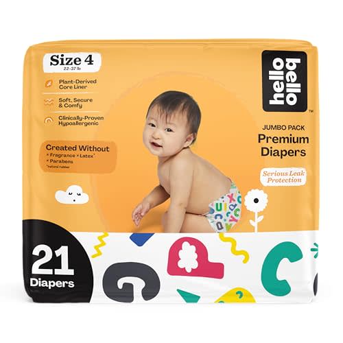 Hello Bello Premium Baby Diapers Size 4, 21 Count of Disposable, Extra-Absorbent, Hypoallergenic Baby Diapers with Snug and Comfort Fit, Alphabet Soup