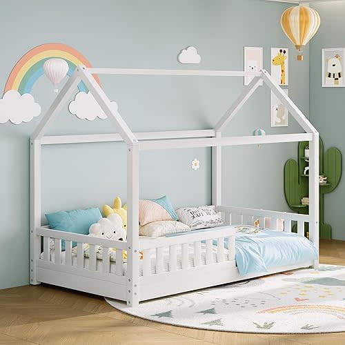 Jocisland Twin Size House Bed for Kids, Montessori 100% Wooden Floor Bed Frame with Guardrails, Removable Rails, Playhouse Roof, Easy Assembly, Toddler Floor Bed for Boys & Girls, White
