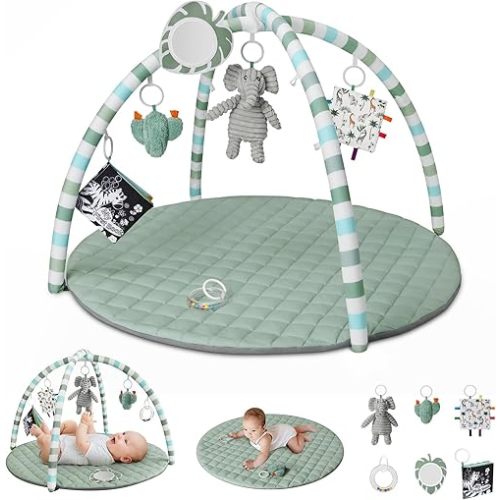 Blissful Diary Baby Play Gym Mat, Play Mat Activity Mat with 6 Detachable Toys for Stage-Based Sensory & Motor Skill Development, Easy to Install & Clean, Baby Essentials Gift, Sage Green