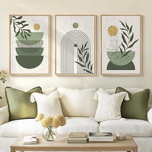 Framed Sage Green Large Boho Canvas Wall Art, Set of 3 Piece Bohemian Beige Green Prints Paintings, Boho Wall Hanging Pictures for Living Room, Hallway, Bedroom Wall Decor 16x24 Inch