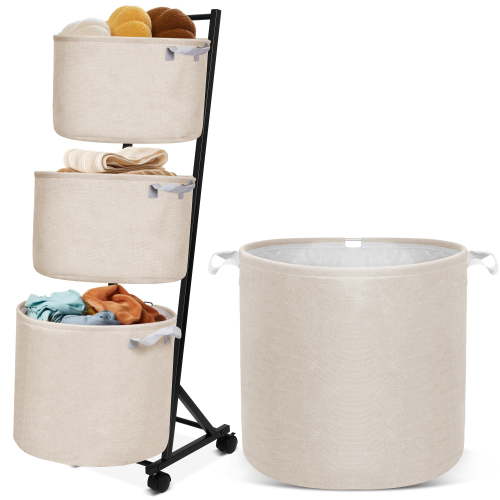 YOUPINS 3-Tier Laundry Hamper Sorter,Laundry Storage Organizer with Wheels Removable Rolling Laundry Baskets for Home,Bathroom,Dorm Laundry Room,Beige