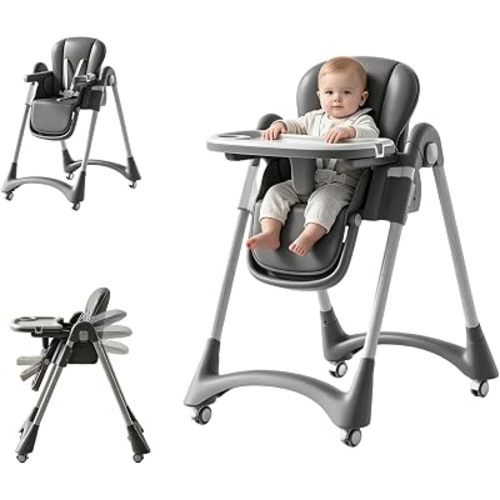 Baby High Chair, Foldable & Reclining High Chair with 4 Height Adjustments, Double Tray, PU Leather Seat Cushion, Lockable Universal Wheels, Adjustable Feeding Chair for Infant & Toddler