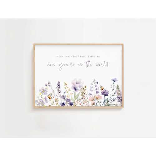 Botanical Nursery Decor, Purple Wildflower Nursery Wall Art Girl Baby Room Print Above the Crib Floral Wall Decor How Wonderful Life Is 1058