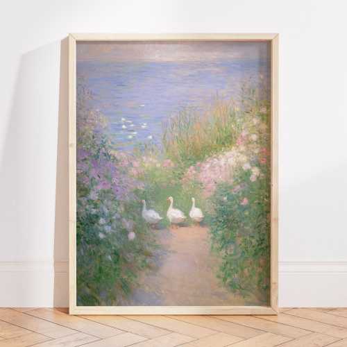 Monet Pastel Garden Oil Painting Print, Vintage Nursery Wall Art, Whimsical Floral Duck Art