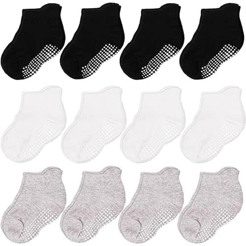 CozyWay Baby & Toddler Socks with Grippers Non Slip Ankle Grip Socks For Boys and Girls - Comfy Soft Cotton - 12 Pack
