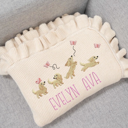 Personalized Knit Baby Blanket with Dachshund Embroidery, Custom Name Baby Gift, Puppy Dog Blanket for Baby Girls, Handmade Baby