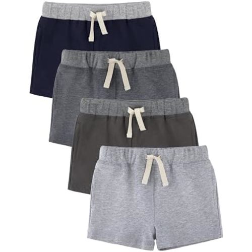 Baby Boys Shorts 4-Pack 0-24M | Cotton Knit Pull-On with Adjustable Drawstring Waist & Pockets, Summer Playwear
