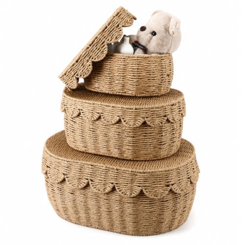 Newtay 3 Pcs Large Scalloped Wicker Rattan Storage Baskets with Lid | Round Storage Basket ,Decorative Boxes, Woven Box Seagrass Baskets, Scalloped Rim Wicker Basket with Lid