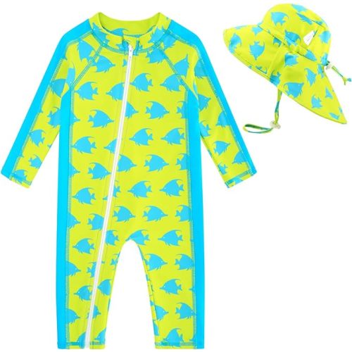 UNIFACO Baby Boy Swimsuit UPF 50+ Sun Protection One Piece Zip Bathing Suit with Sun Hat Infant Sunsuit Swimwear