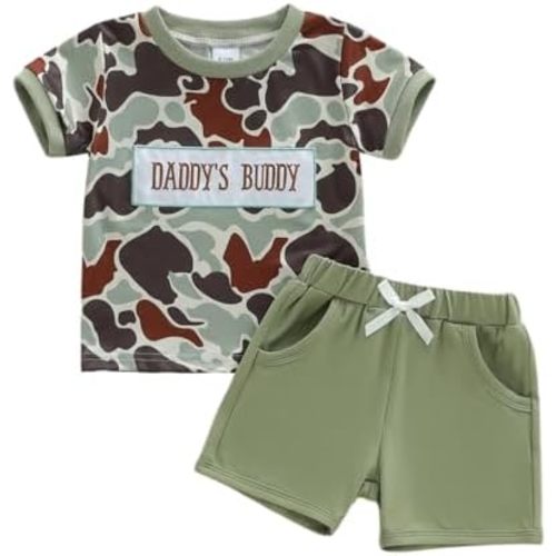 Baby Boy Summer Outfit Camouflage Mamas Boy/Daddys Buddy Letter Embroidery Short Sleeve T Shirt and Shorts Set