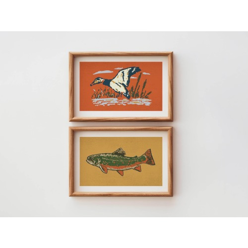 Retro Wildlife Prints Outdoors Art Mallard + Fish Posters Set of 2 Outdoorsy Wall Prints Office Decor Nature Wall Art Hunting Gift for Dad