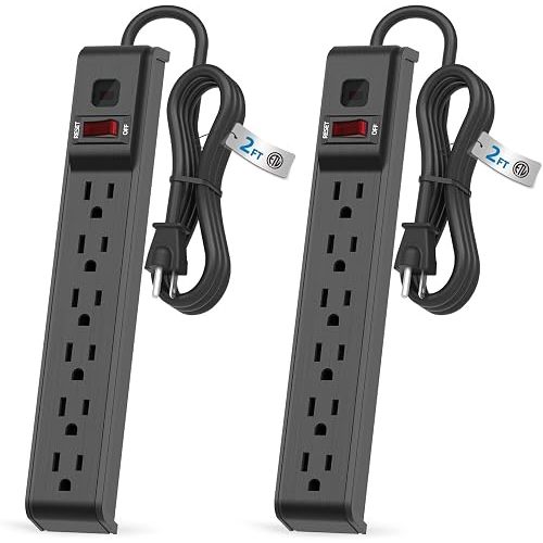 6 Outlet Power Strip Surge Protector, 2 FT Extension Cord with Overload Protection, Wall Mountable for Home and Office, 600J, 15A/1875W, ETL Listed, 2 Packs