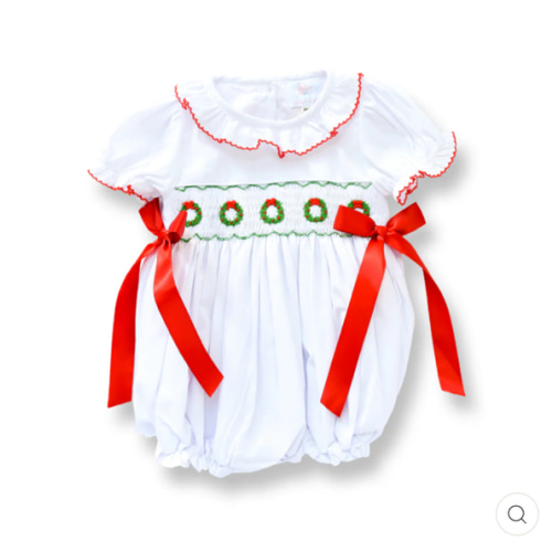 Girls Smocked Christmas Wreath Bubble with Red Bows